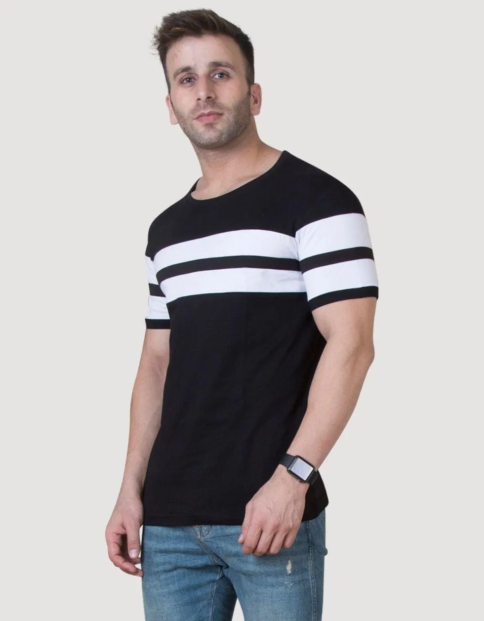 Black striped crew neck Regular Tshirt