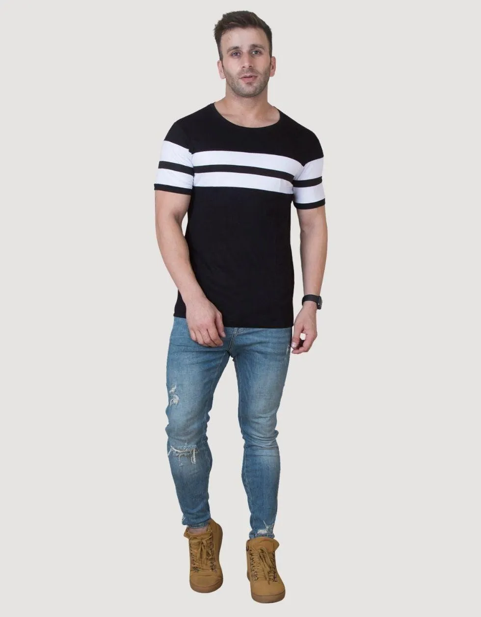 Black striped crew neck Regular Tshirt