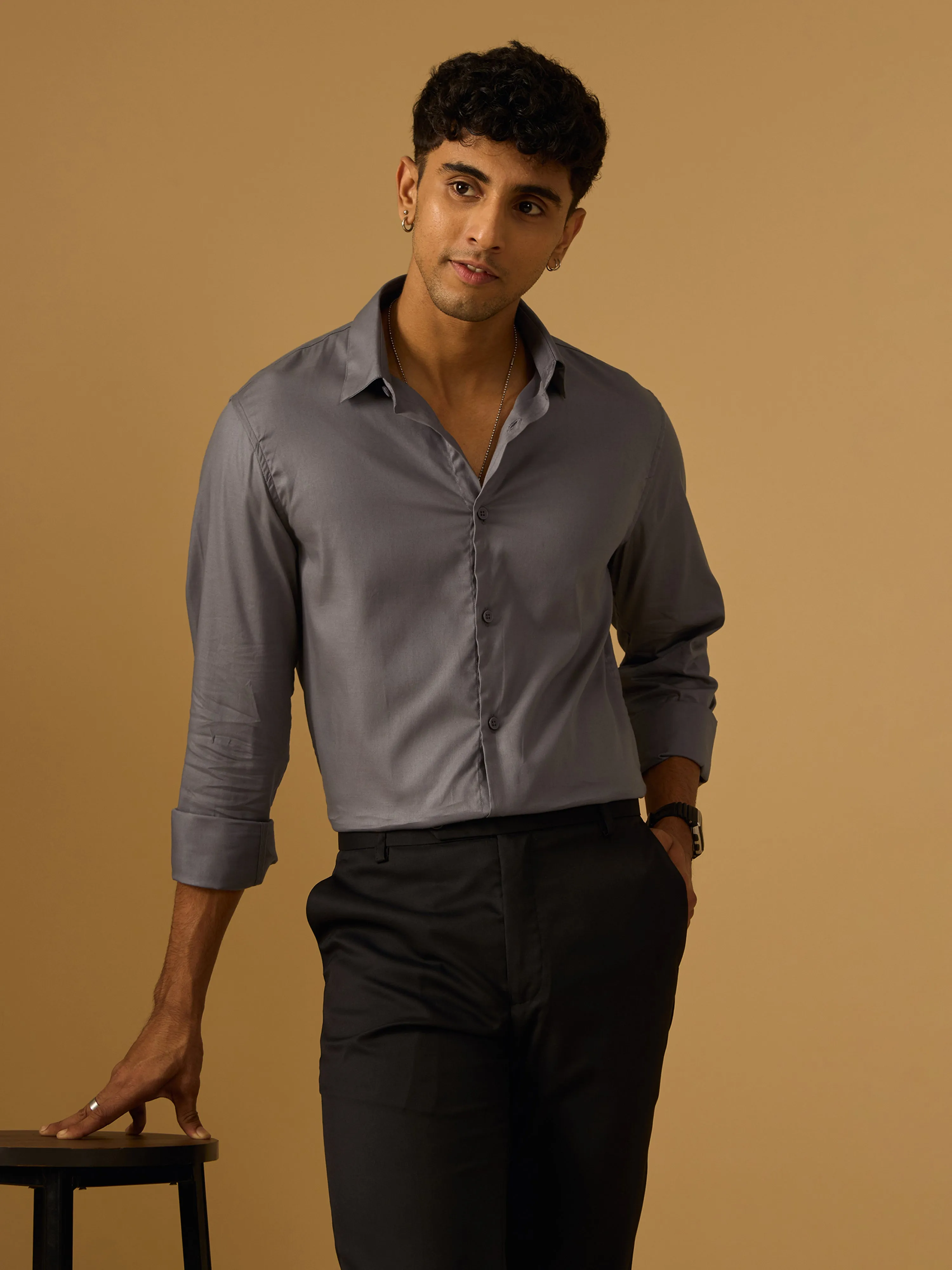 Calanthe - Giza Cotton Slim Fit Shirt  -Gray