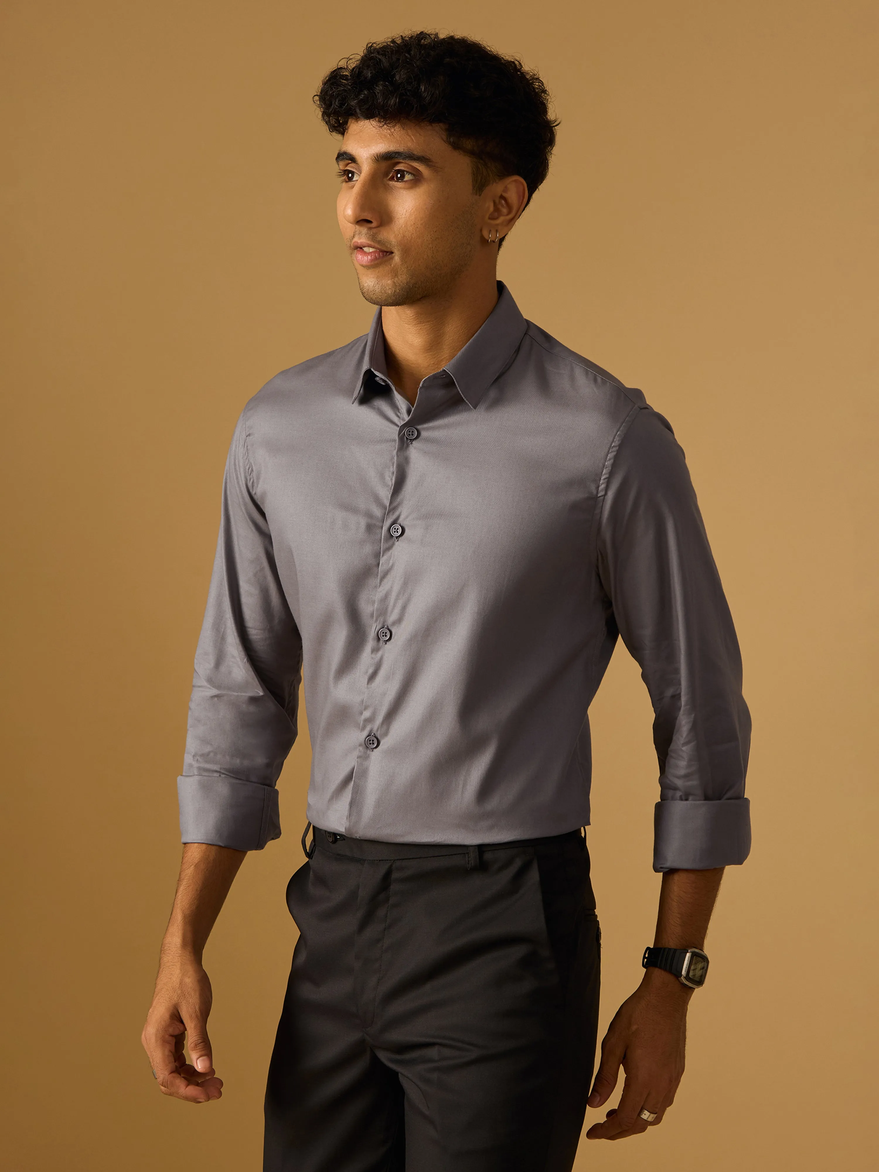 Calanthe - Giza Cotton Slim Fit Shirt  -Gray