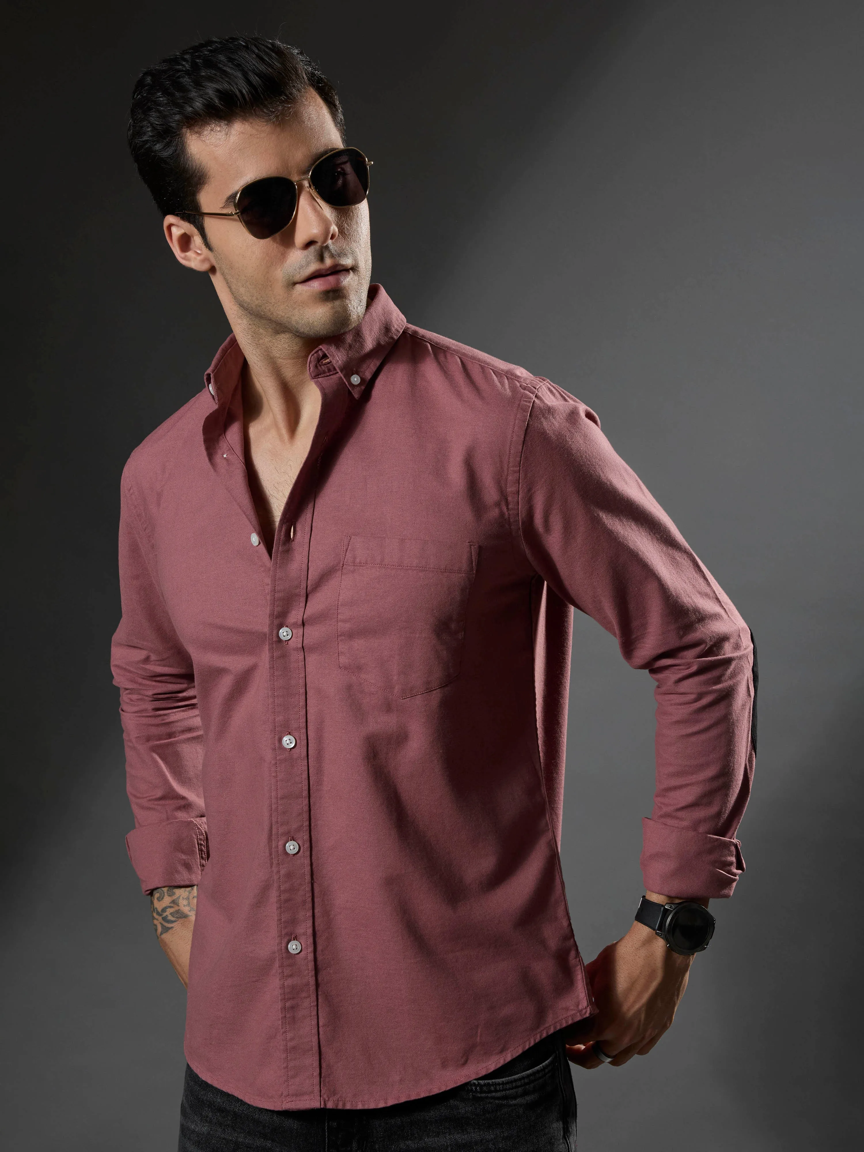 Classy -  Turkish Fit Shirt With Elbow Patch - Dusty Rose