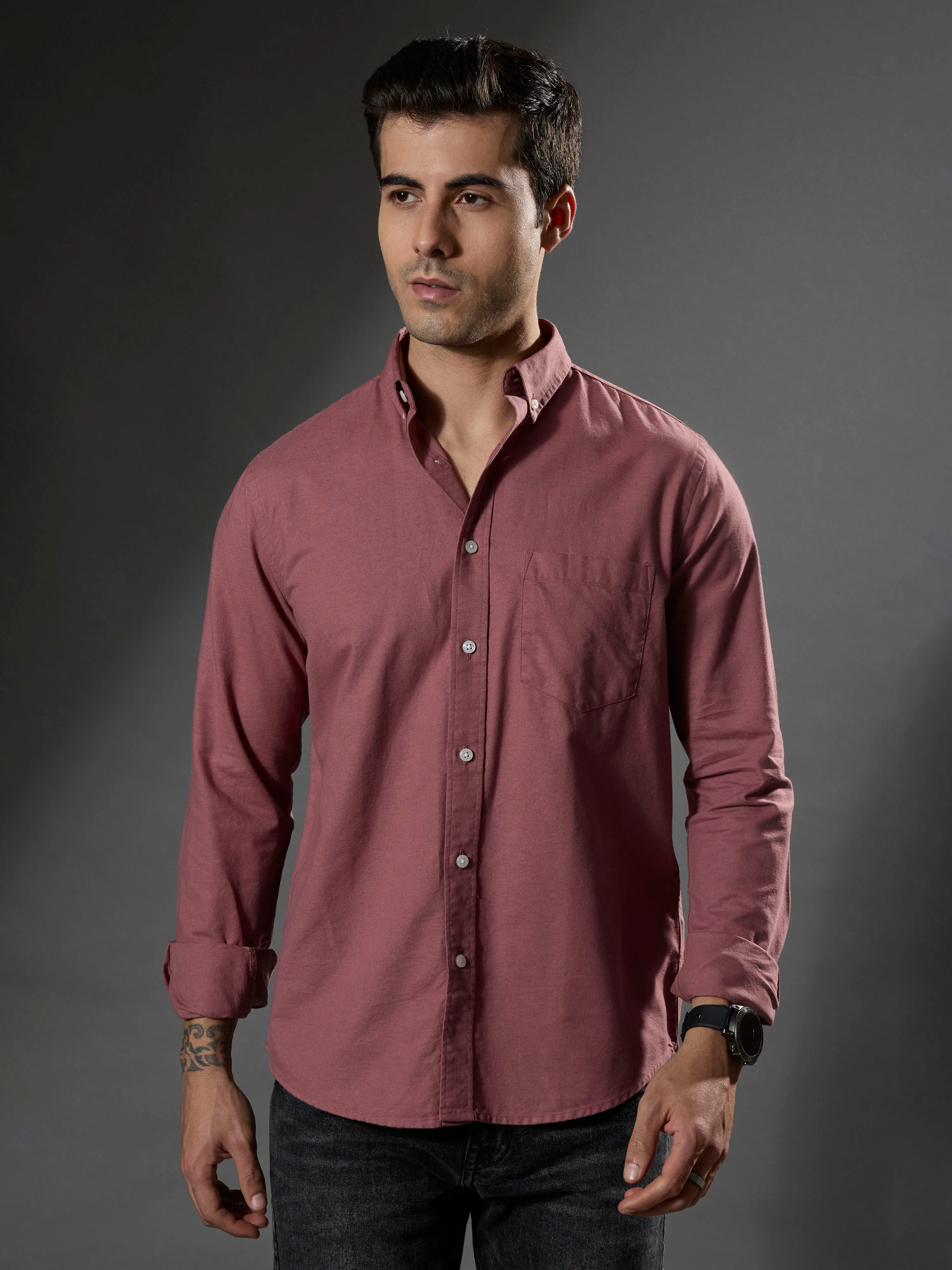 Classy -  Turkish Fit Shirt With Elbow Patch - Dusty Rose