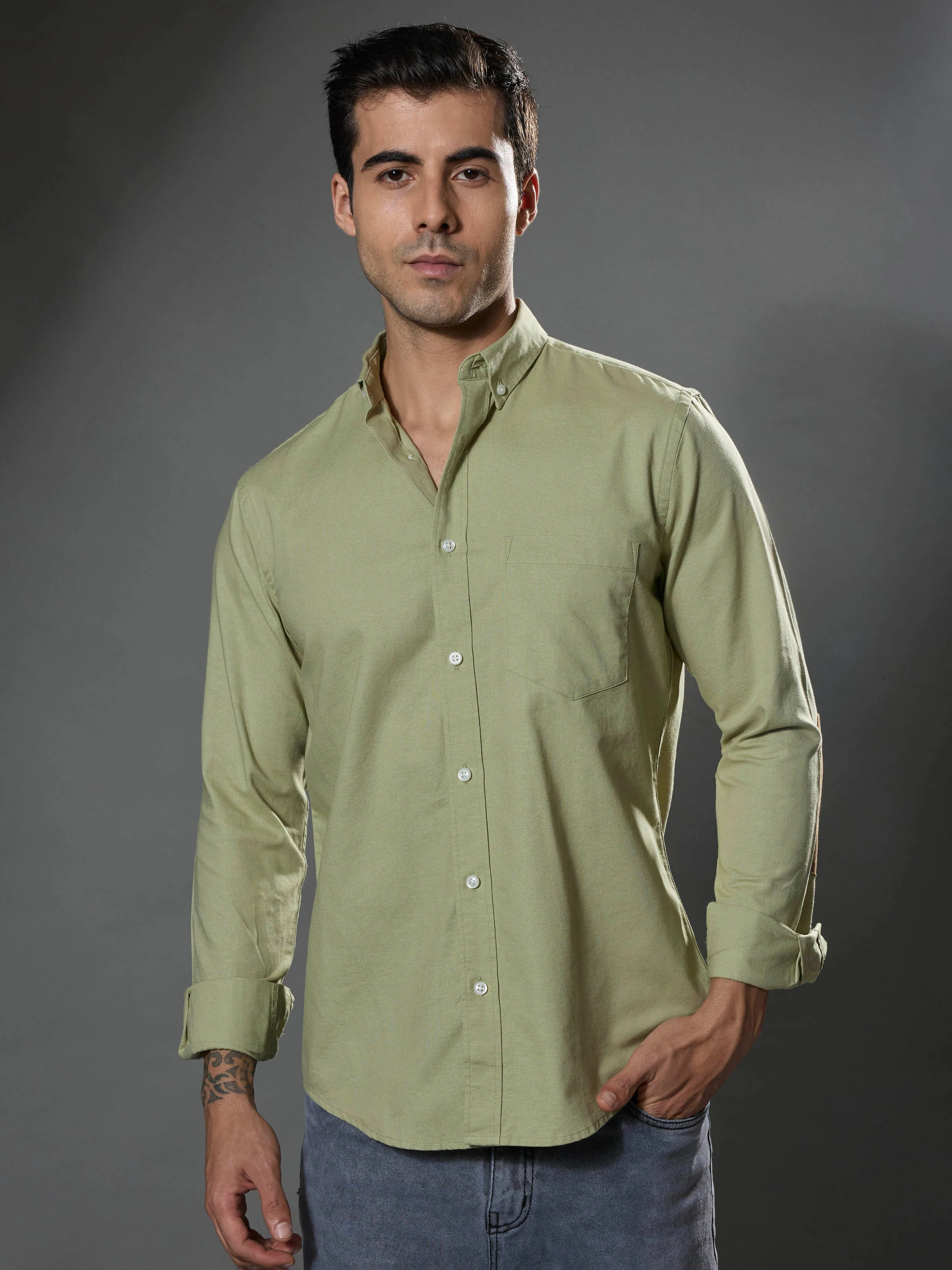 Classy - Turkish Fit Shirt With Elbow Patch - Pastel Green