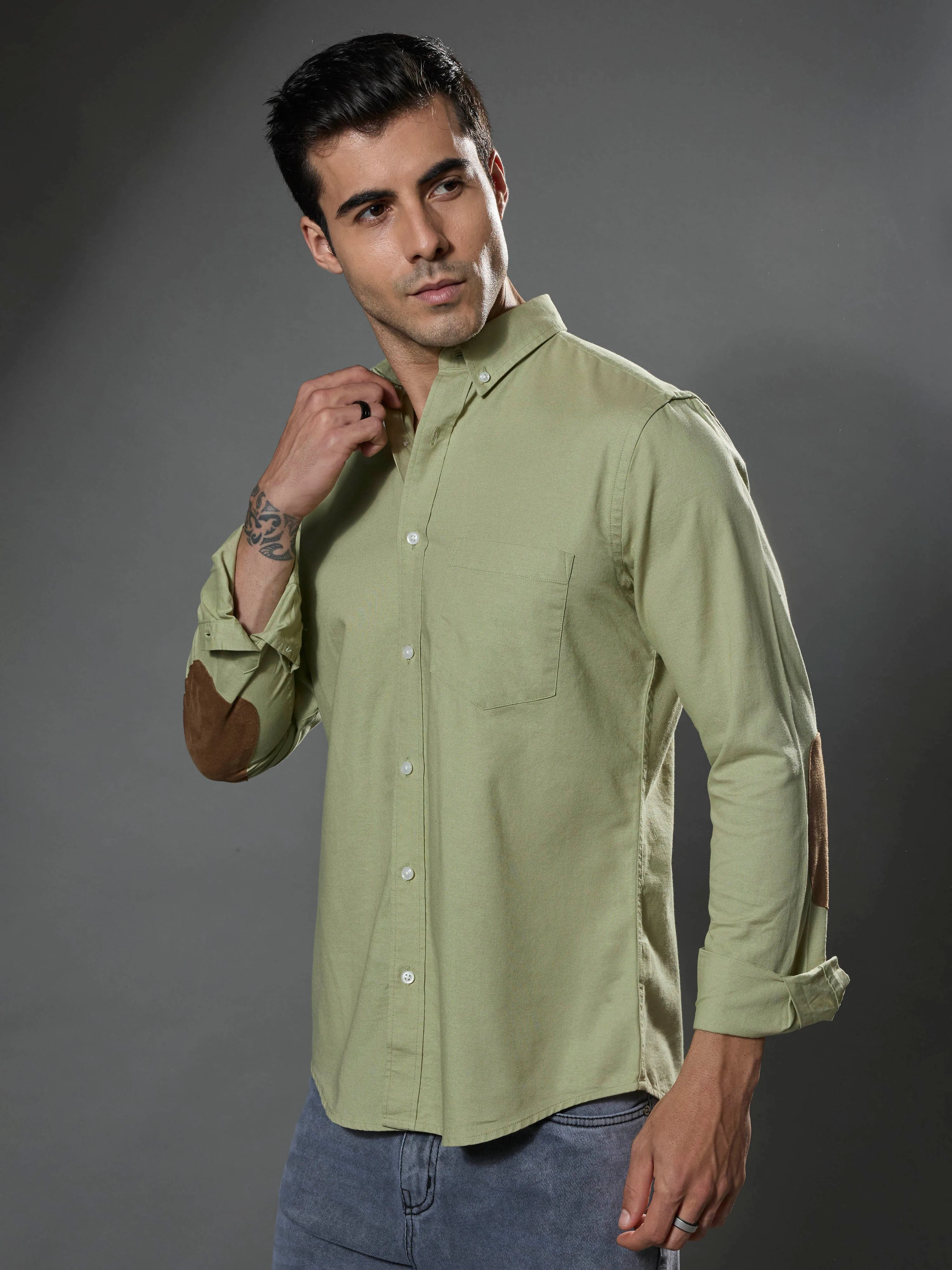 Classy - Turkish Fit Shirt With Elbow Patch - Pastel Green