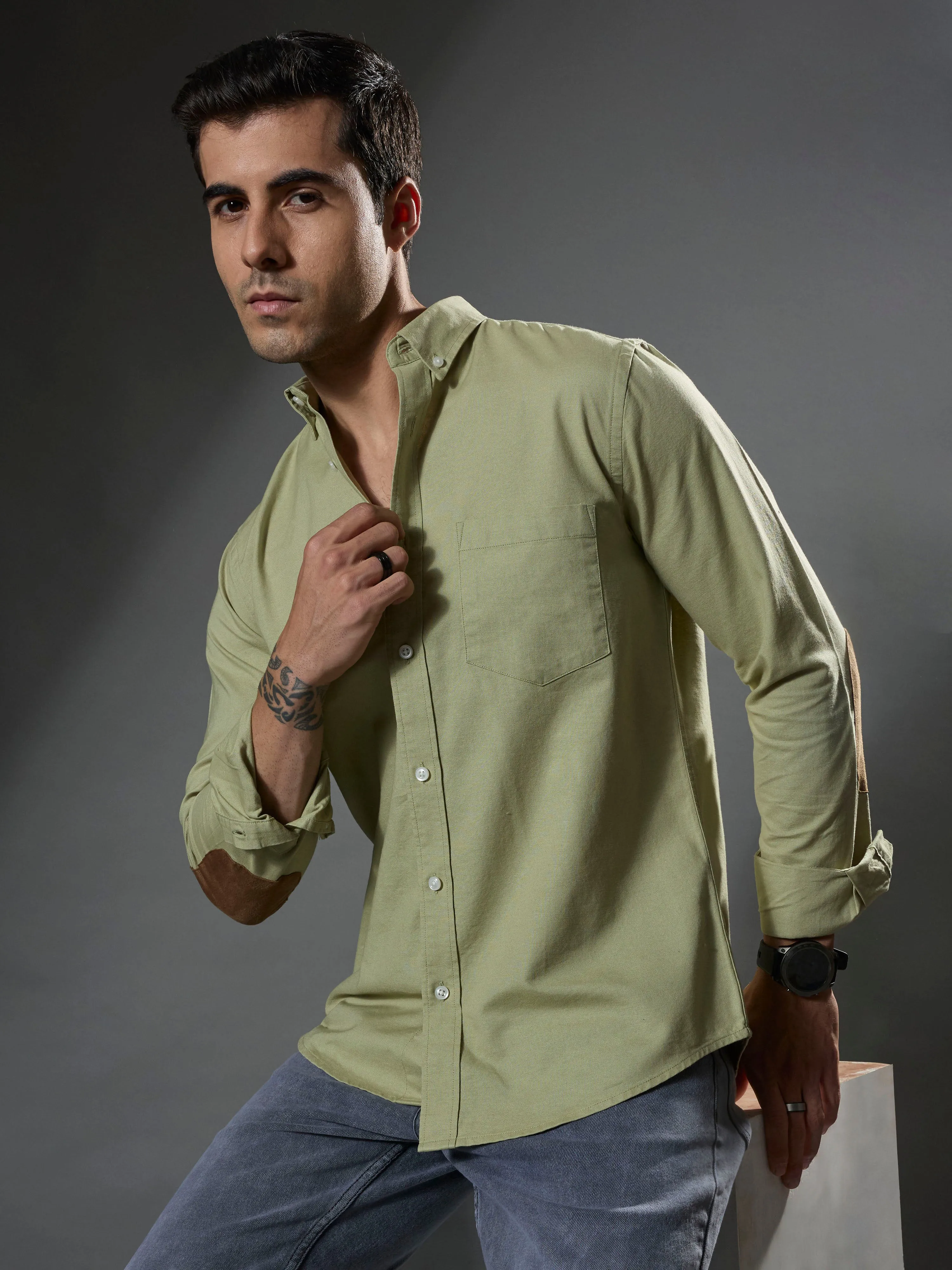 Classy - Turkish Fit Shirt With Elbow Patch - Pastel Green