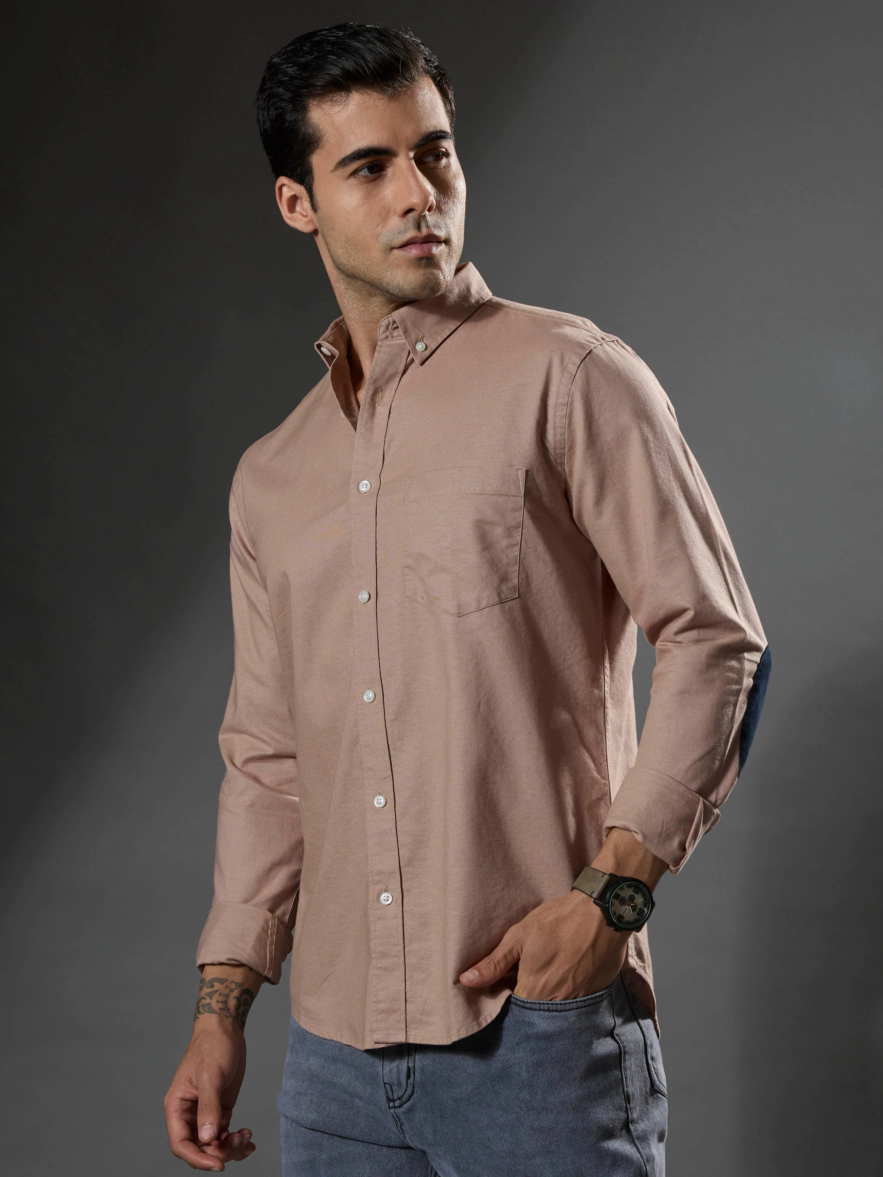 Classy -  Turkish Fit Shirt With Elbow Patch - Peach