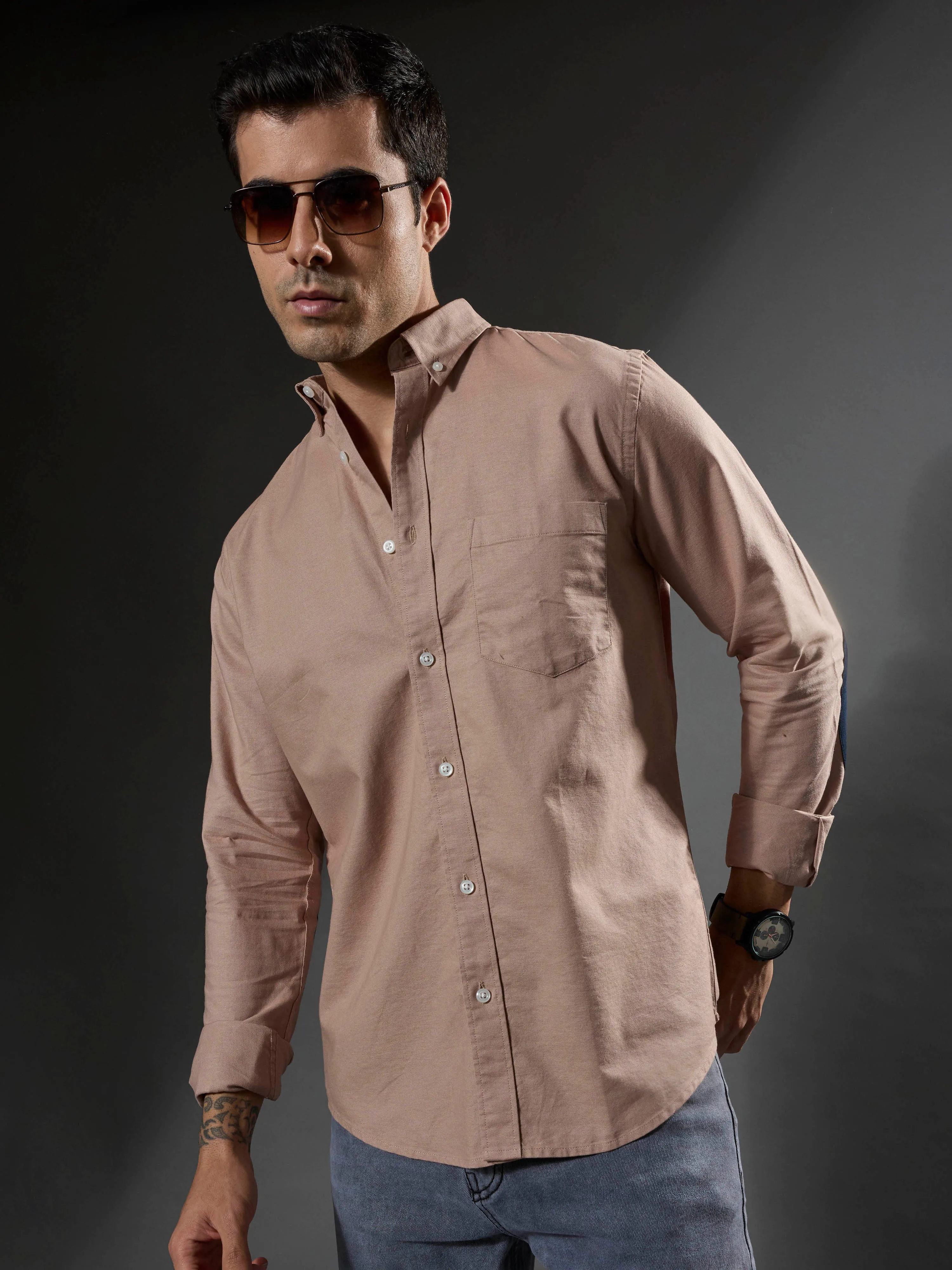 Classy -  Turkish Fit Shirt With Elbow Patch - Peach