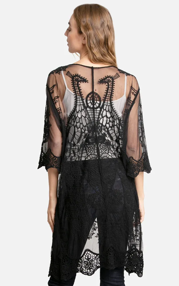 JP2309 Peacock Embroidered Lace Long Kimono Cover Up