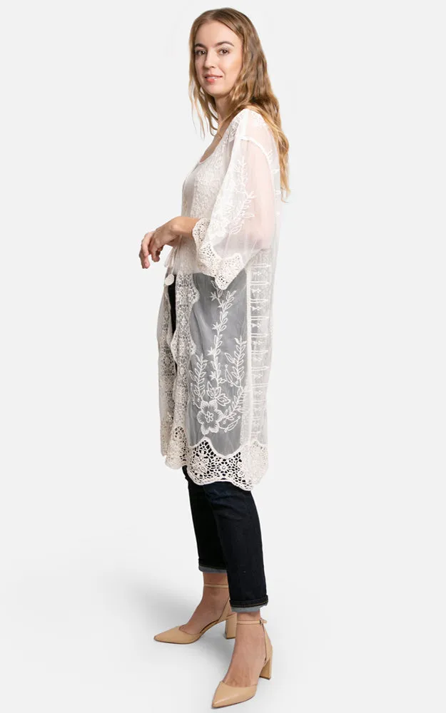 JP2309 Peacock Embroidered Lace Long Kimono Cover Up