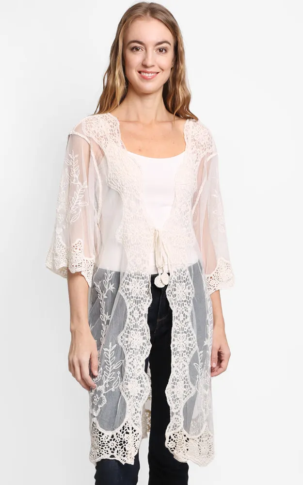 JP2309 Peacock Embroidered Lace Long Kimono Cover Up
