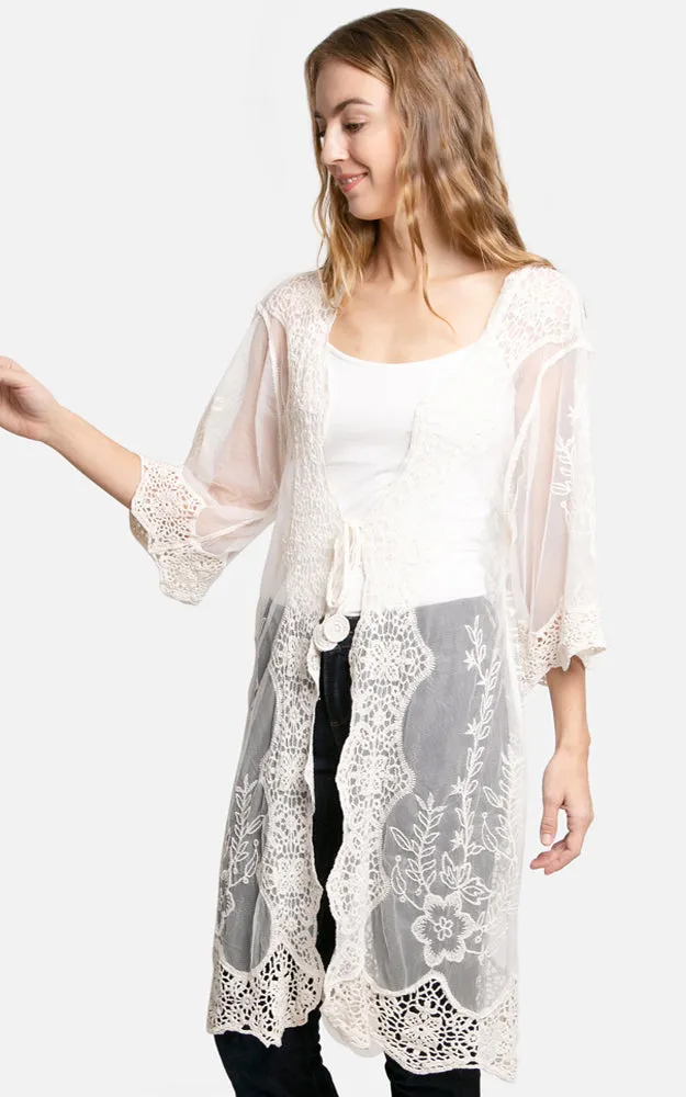 JP2309 Peacock Embroidered Lace Long Kimono Cover Up