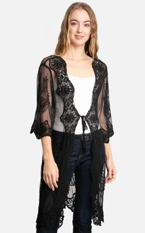 JP2309 Peacock Embroidered Lace Long Kimono Cover Up