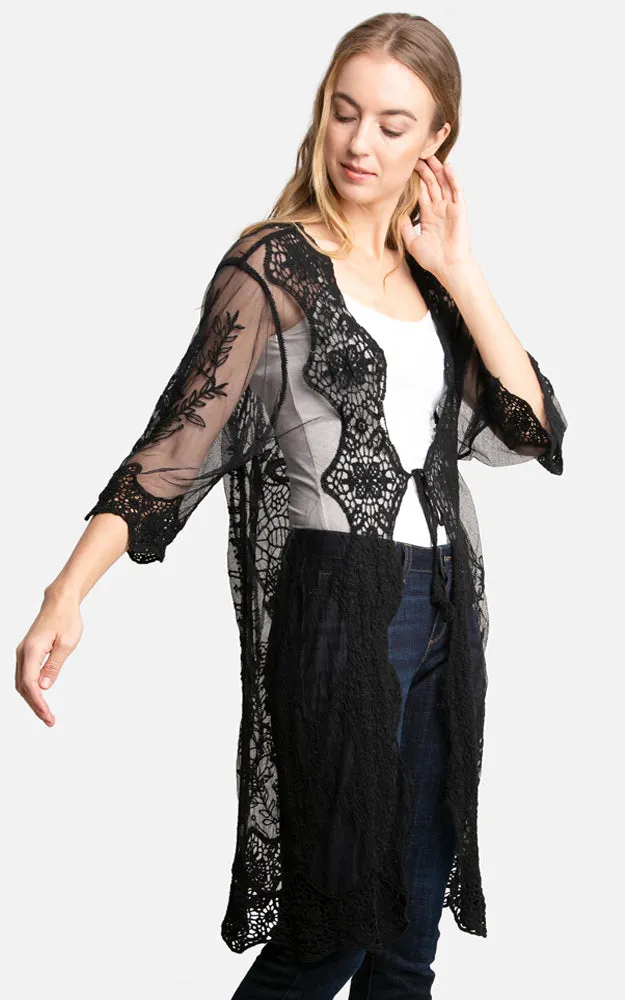 JP2309 Peacock Embroidered Lace Long Kimono Cover Up