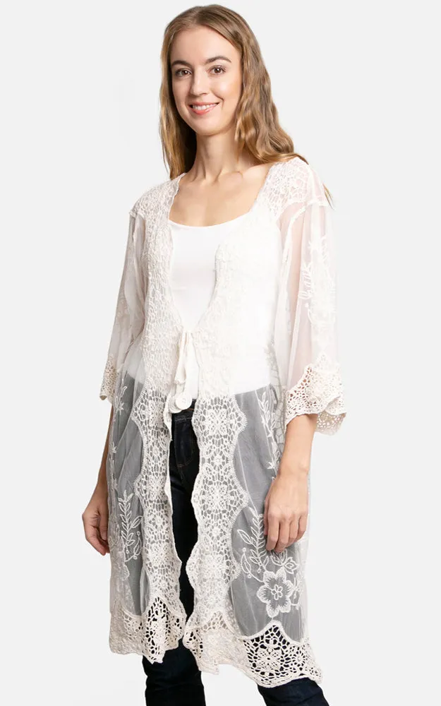 JP2309 Peacock Embroidered Lace Long Kimono Cover Up