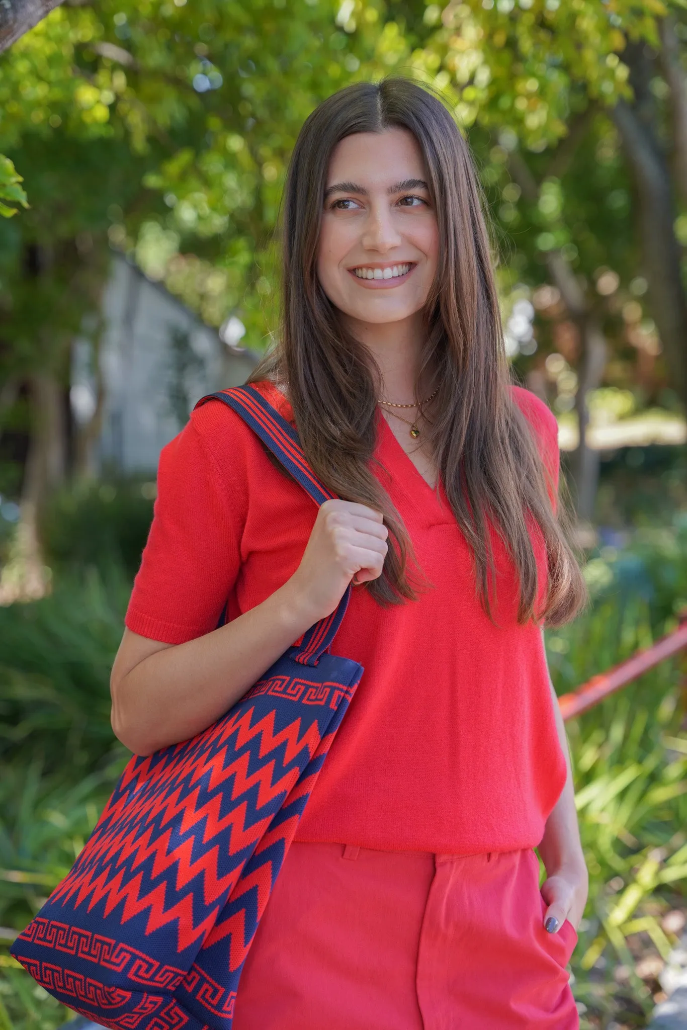 Navy & Red Patterned Tote