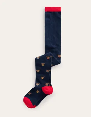 Patterned Tights-Navy Reindeer