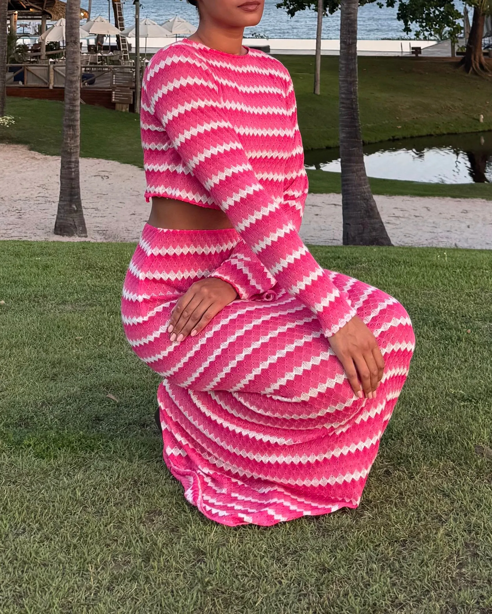 Pink and White Patterned Midi Skirt