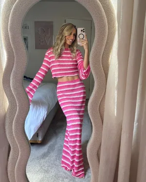 Pink and White Patterned Midi Skirt